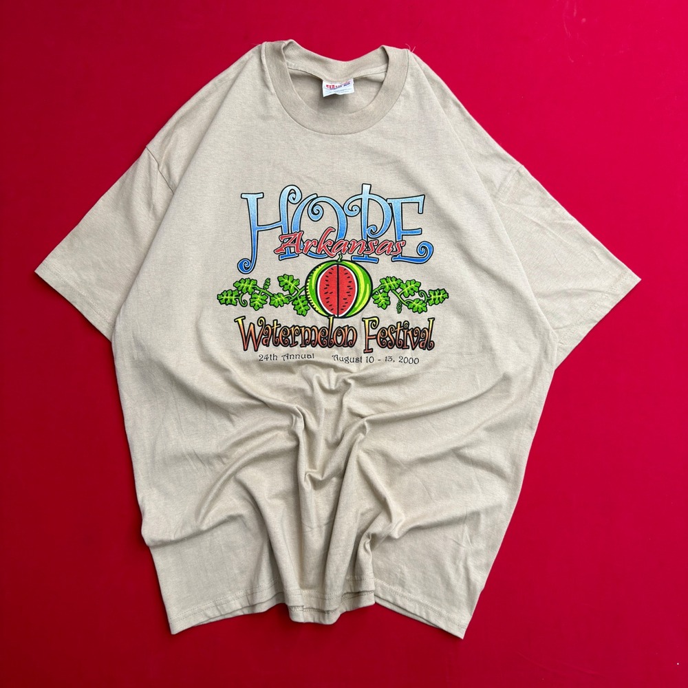 Vintage 2000 Hope Arkansas Watermelon Festival Hanes T-Shirt Mens XL Tan Y2K
